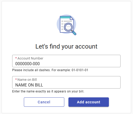 Form for account lookup with fields for account number and name on bill, buttons to cancel or add account.